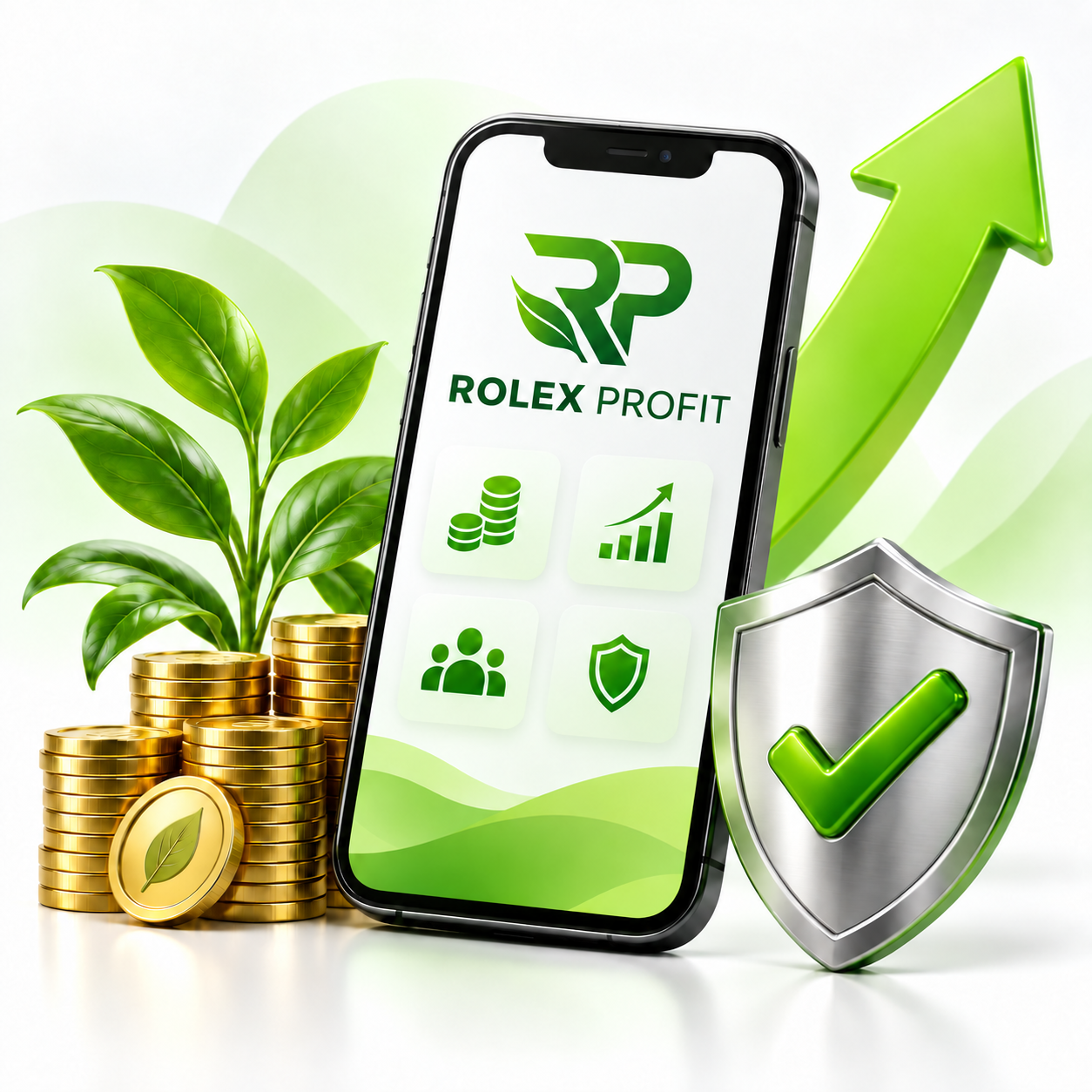 Rolex Profit app illustration with a growth chart, coins, plant and shield